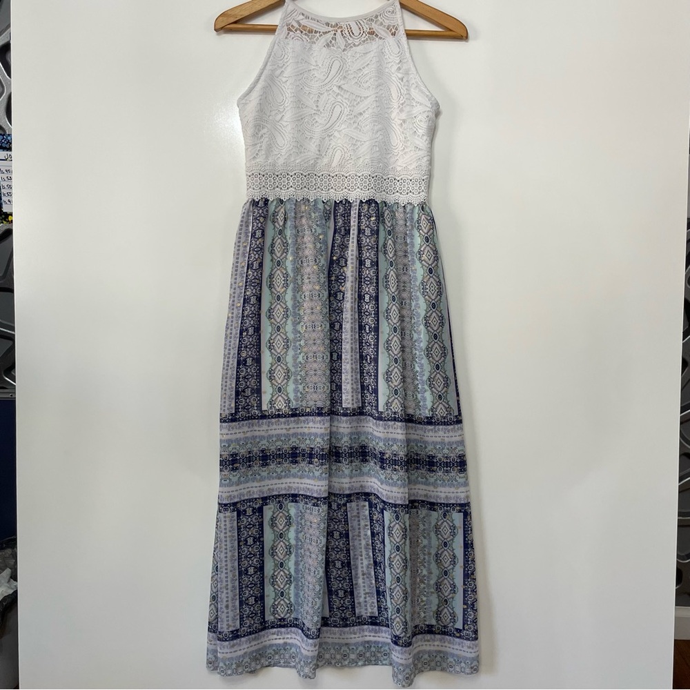 Iz Byer Girls Lace Top Flowy Boho Maxi Dress, size 14